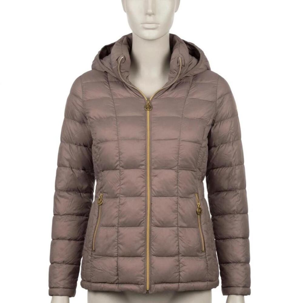 Michael Kors Womens L Taupe Packable Down Fill Hooded Puffer Jacket Quilted